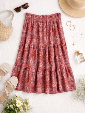 IVY Boho Floral Tiered Midi Skirt woman XL Red Pink Paisley Elastic Waist Office